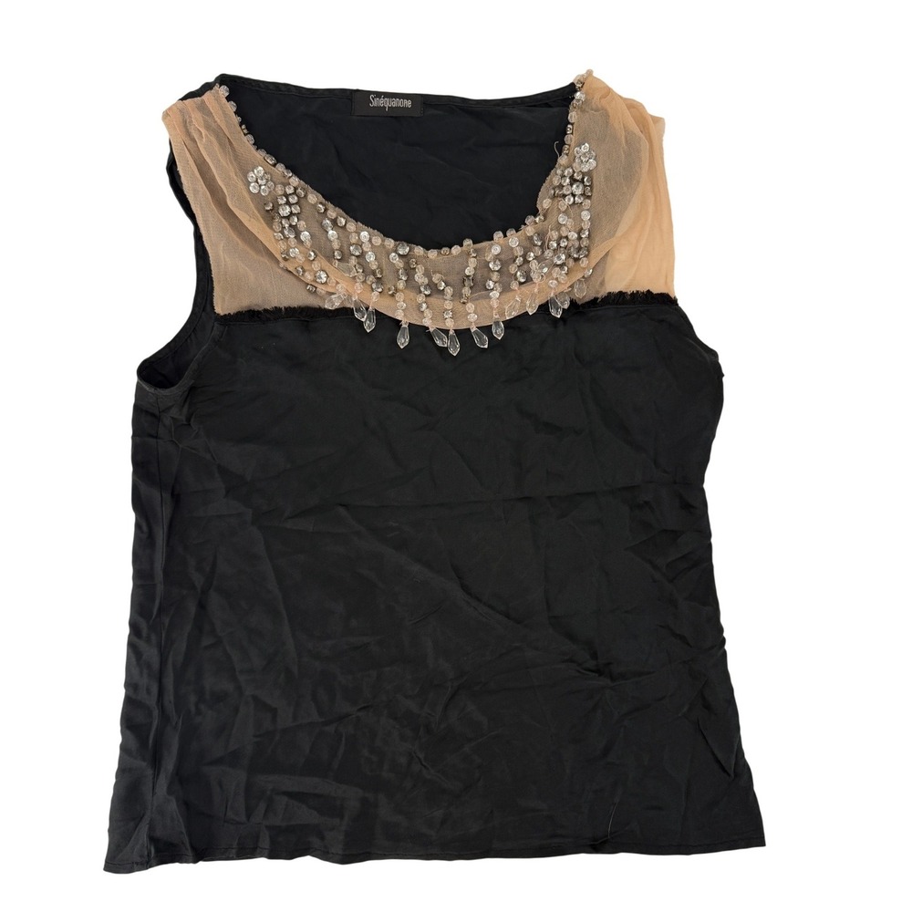 Sinequanone Y2K Black Sleeveless Beaded Mesh Neckline Embellished Evening Blouse